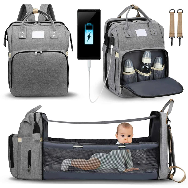 Fashionable Mommy Bag Folding Baby Bed Mother Large Capacity Portable Milk Bottle Diaper Double Shoulder Mom'S Bag